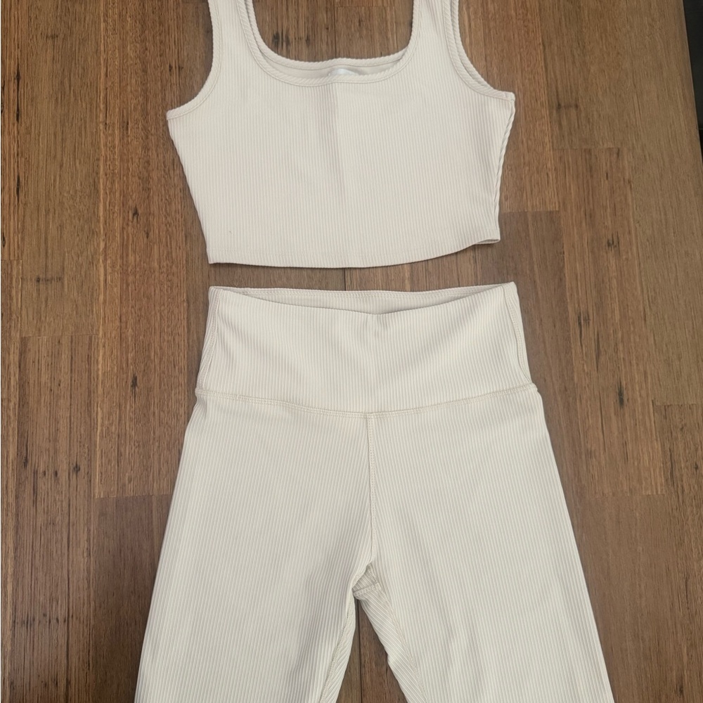Cream Ribbed Tank and Leggings Set